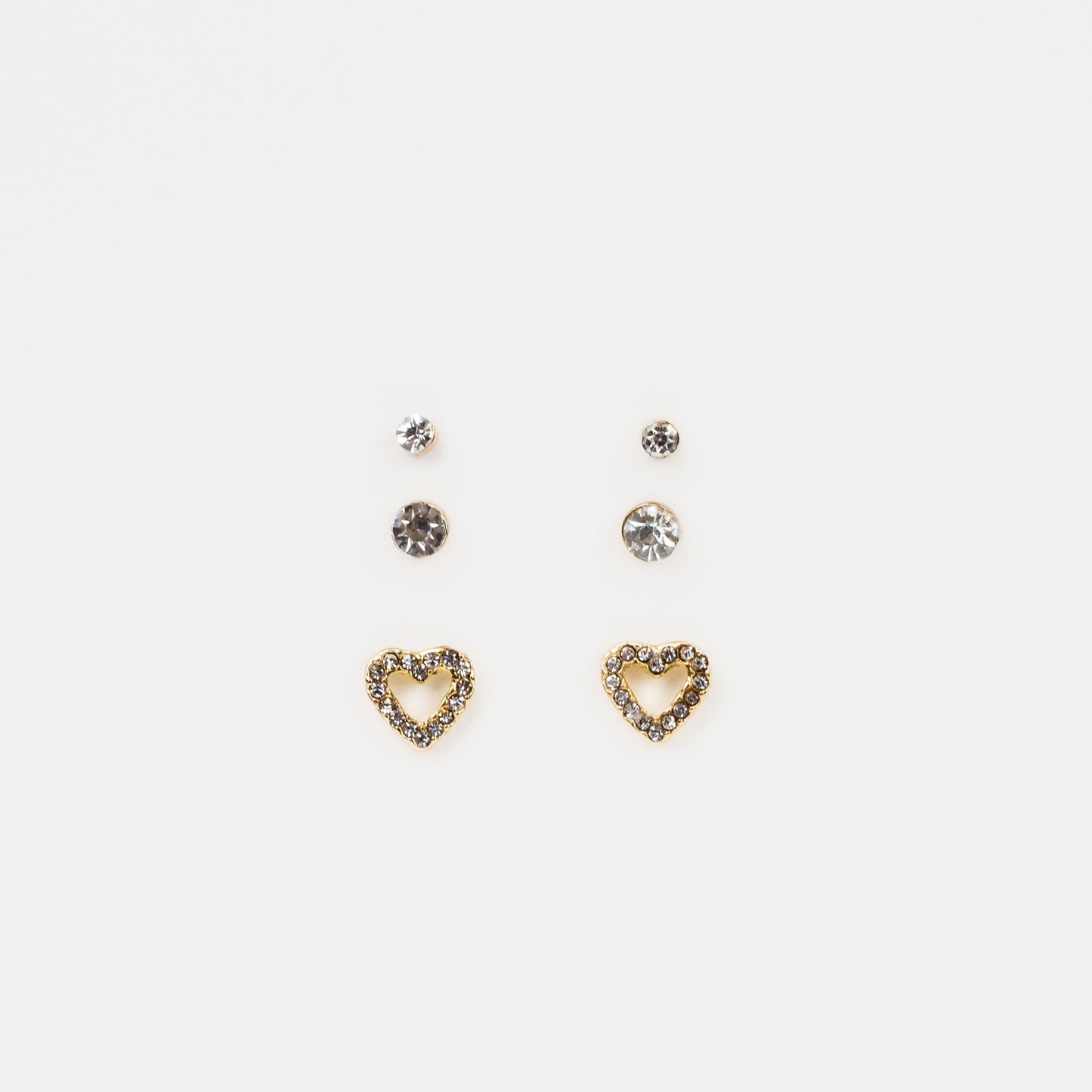 Set cercei mici cu forme de inimă și pietre, 3 perechi - Auriu