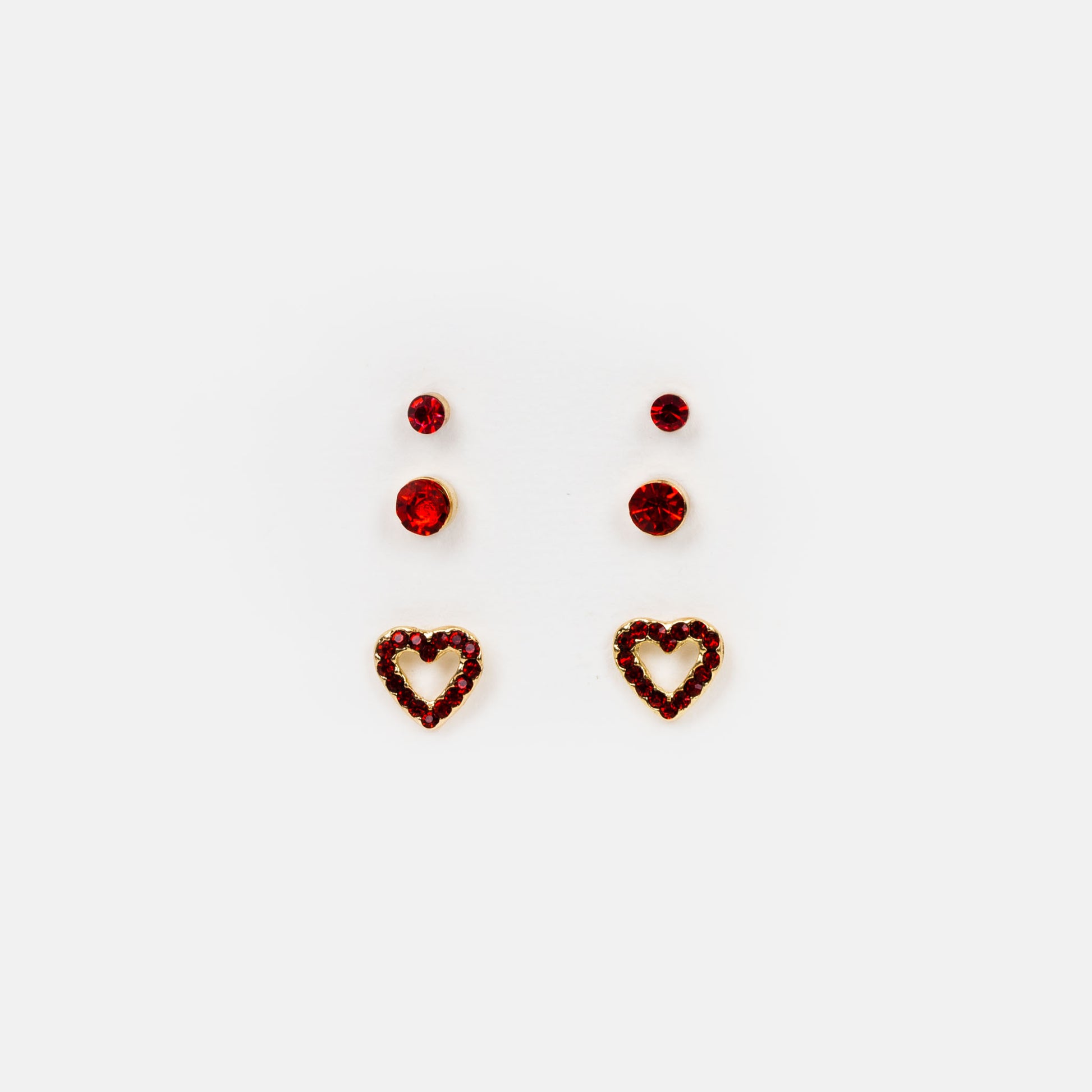 Set cercei mici cu forme de inimă și pietre, 3 perechi - Roșu