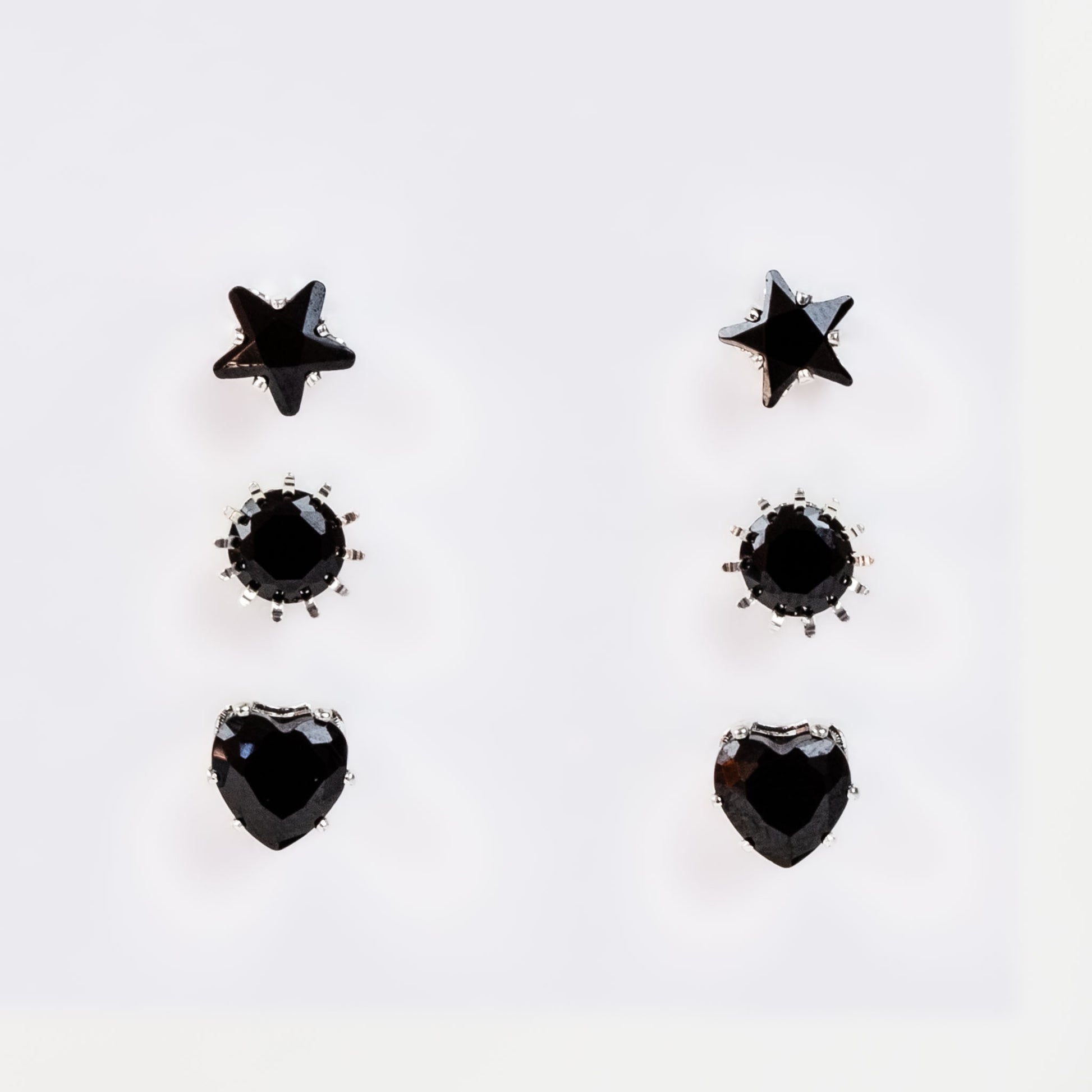 Set cercei mici cu forme de stea și inimă, 3 perechi - Negru