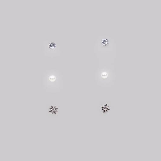Set cercei mici cu forme discrete, 3 perechi - Argintiu
