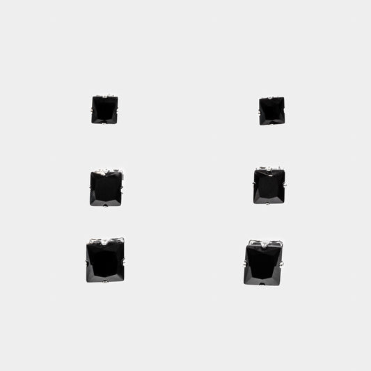 Set cercei mici cu pietre pătrate, 3 perechi - Negru