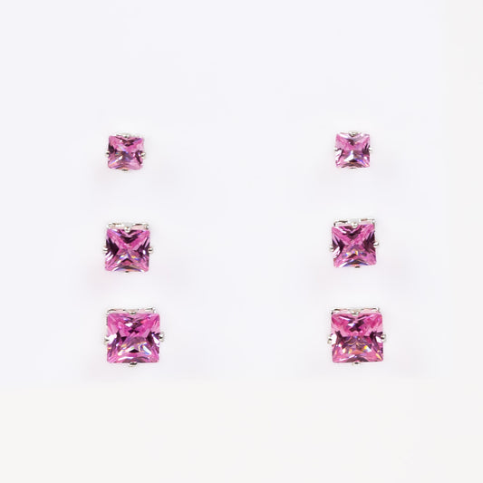 Set cercei mici cu pietre pătrate, 3 perechi - Roz Deschis