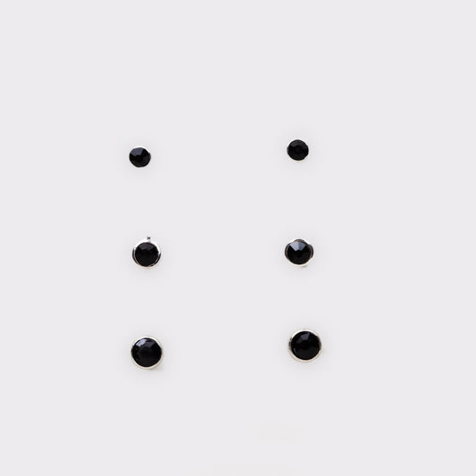 Set cercei mici cu pietre rotunde delicate, 3 perechi - Argintiu, Negru