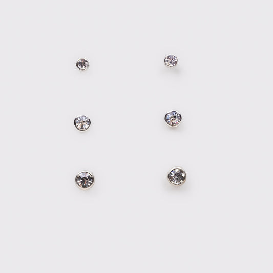 Set cercei mici cu pietre rotunde delicate, 3 perechi - Argintiu