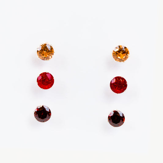 Set cercei mici cu pietre rotunde în nuanțe, 3 perechi - Roșu Mix