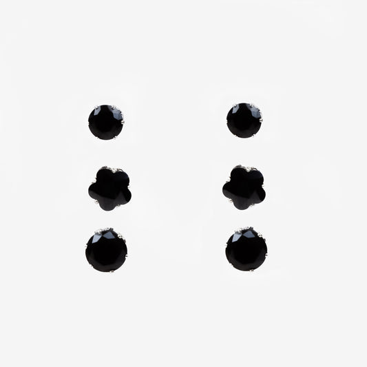 Set cercei mici cu pietre rotunde și forma de floare, 3 perechi - Negru