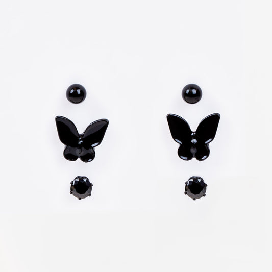 Set cercei mici cu pietre rotunde și forma de fluture, 3 perechi - Negru