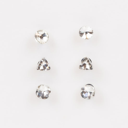 Set cercei mici cu pietre și forme geometrice, 3 perechi - Argintiu