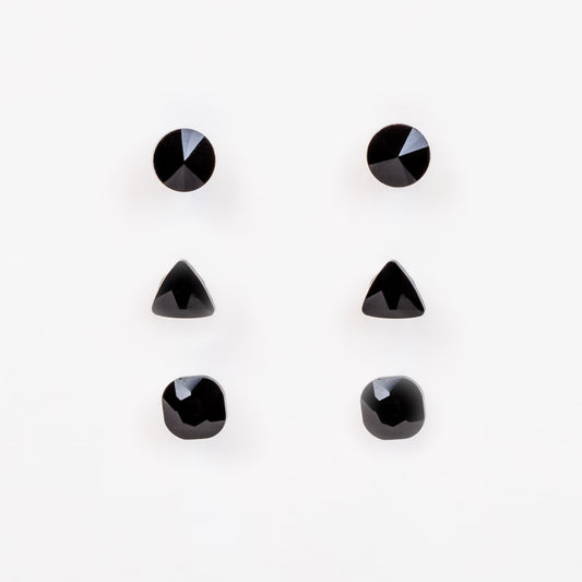 Set cercei mici cu pietre și forme geometrice, 3 perechi - Negru