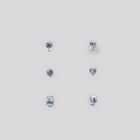 Set cercei mici cu pietre strălucitoare, forme diverse, 3 perechi - Argintiu