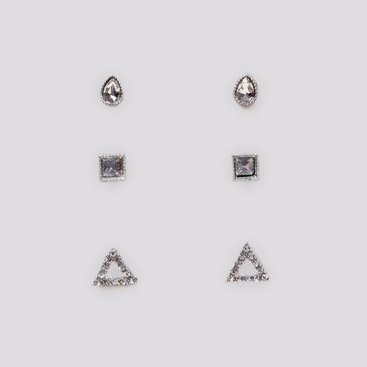 Set cercei mici cu pietre, ștrasuri și forme geometrice, 3 perechi - Argintiu
