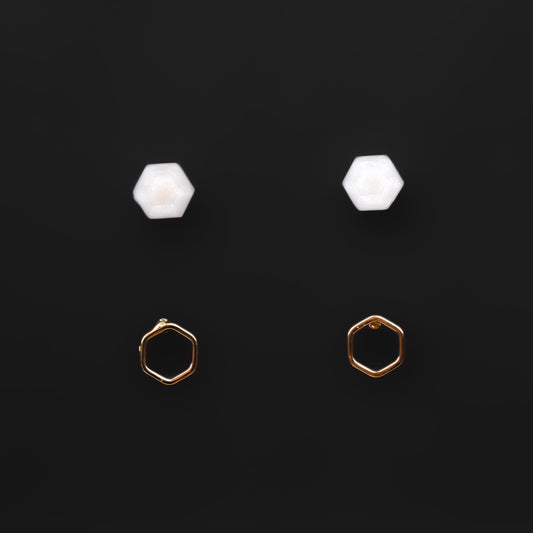 Set cercei mici hexagon cu pietre sidefate, 2 perechi - Auriu, Alb