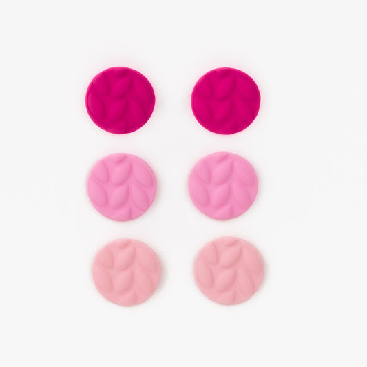 Set cercei mici în formă de bănuț cu textură de silicon, 3 perechi - Roz Mix