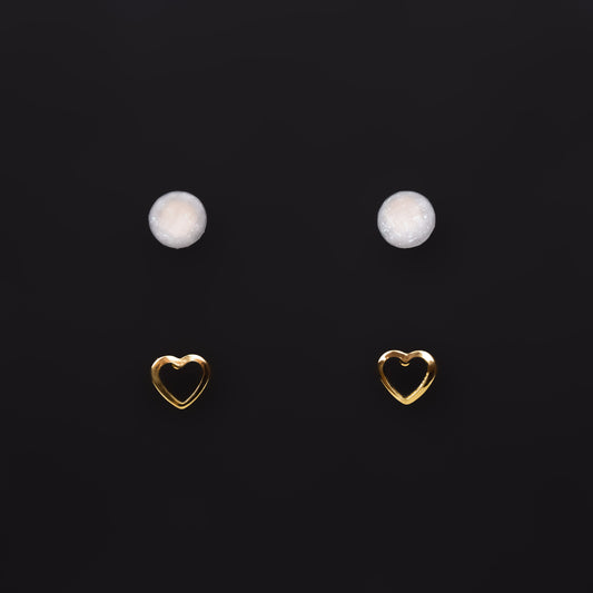 Set cercei mici inimă și cerc cu pietre sidefate, 2 perechi - Auriu, Alb