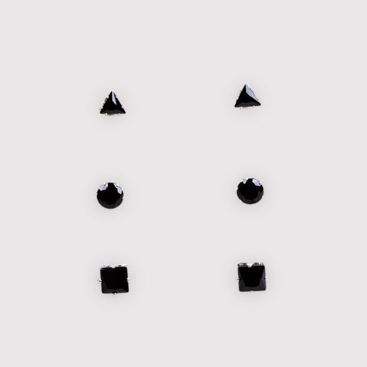 Set cercei mici, pietre cu forme geometrice, 3 perechi - Negru, Argintiu
