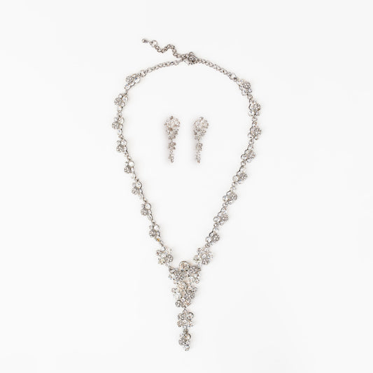 Set colier și cercei cu forme de flori delicate și pietre strălucitoare - Argintiu stelar
