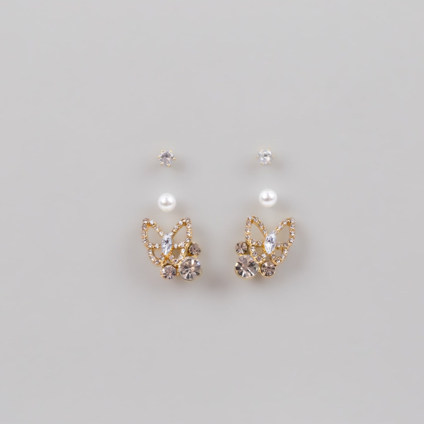 Set cercei cu fluture și pietre strălucitoare, 3 perechi - Auriu