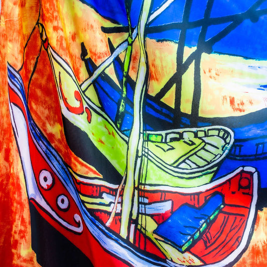 Eșarfă damă din mătase, imprimeu cu bărci, 90 x 90 cm - Albastru, Portocaliu 