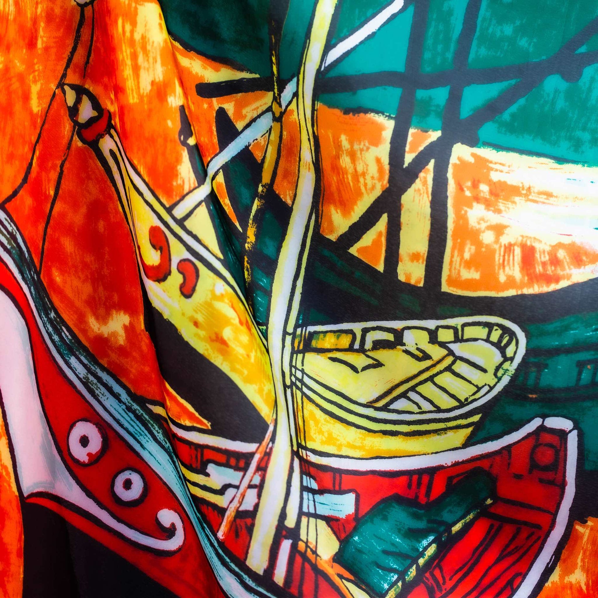 Eșarfă damă din mătase, imprimeu cu bărci, 90 x 90 cm - Portocaliu, Verde 