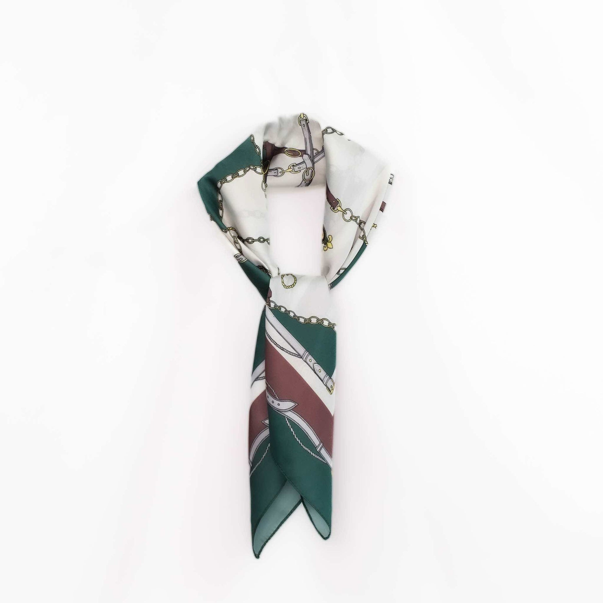 Eșarfă damă din satin cu imprimeu deluxe, 70 x 70 cm - Verde, Maro, Alb 