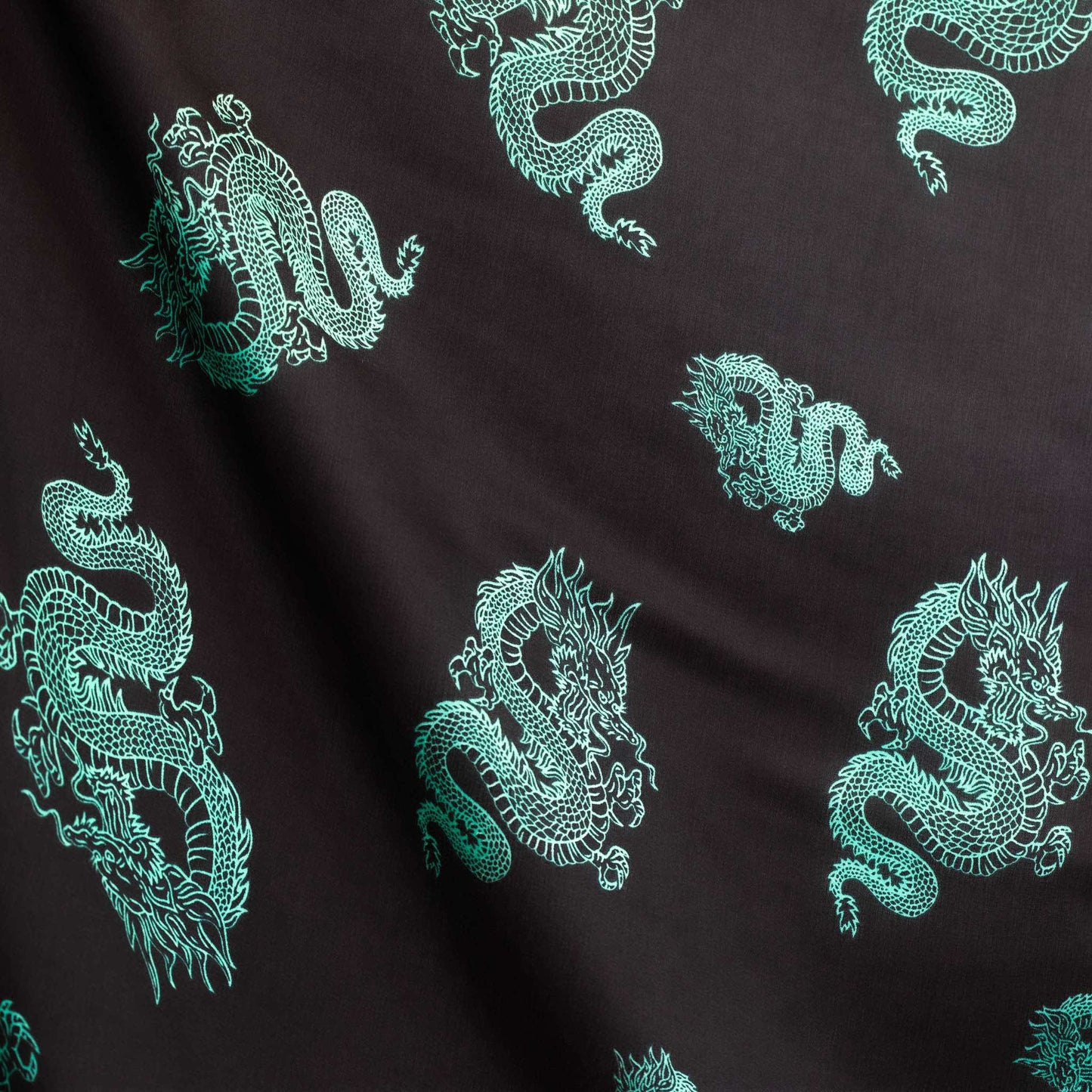 Eșarfă damă din satin, imprimeu cu dragon chinezesc, 55 x 55 cm - Negru, Verde 