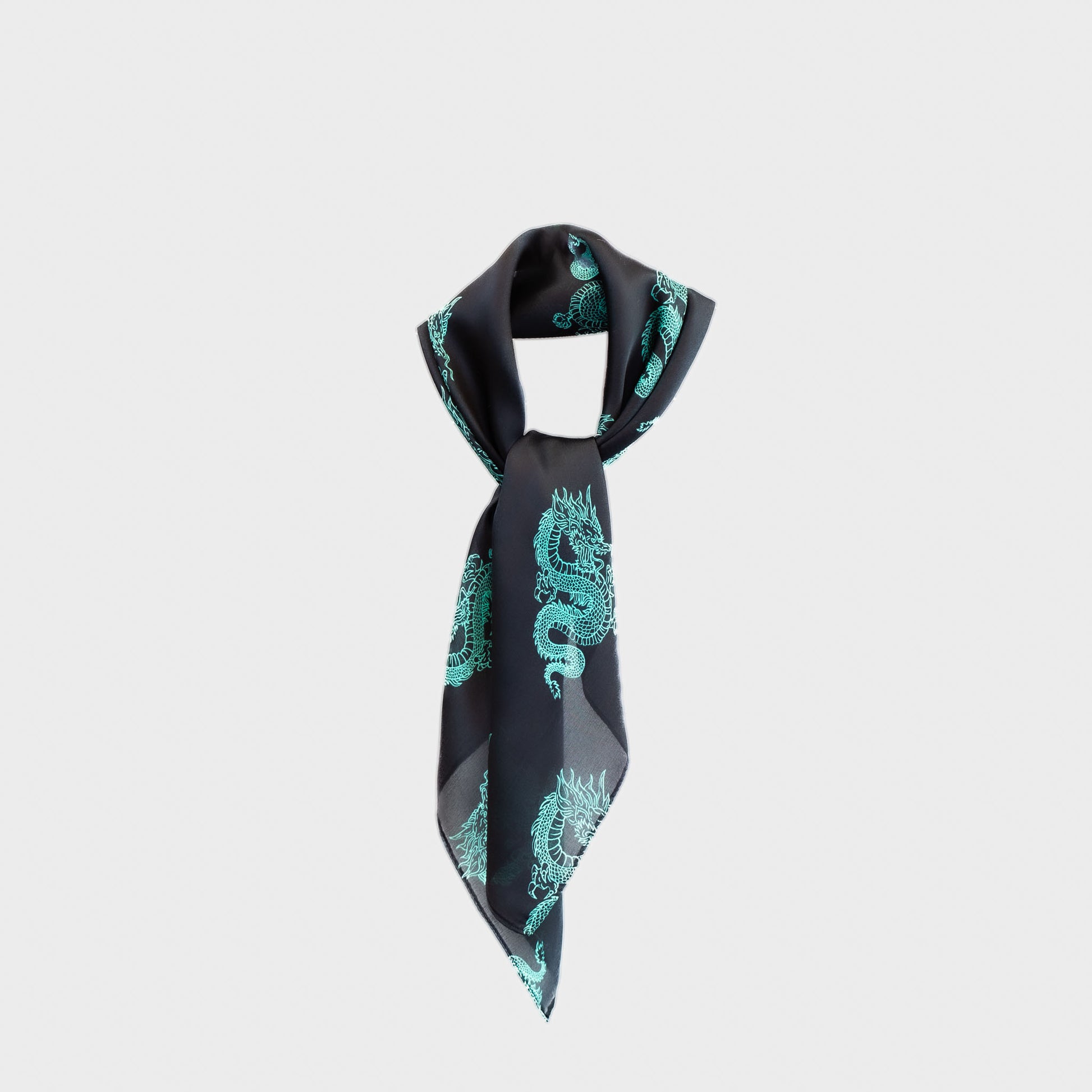 Eșarfă damă din satin, imprimeu cu dragon chinezesc, 55 x 55 cm - Negru, Verde