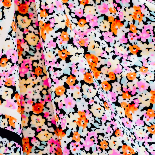 Eșarfă damă din satin, imprimeu cu floricele și dungi în pătrat, 60 x 60 cm - Negru, Multicolor 