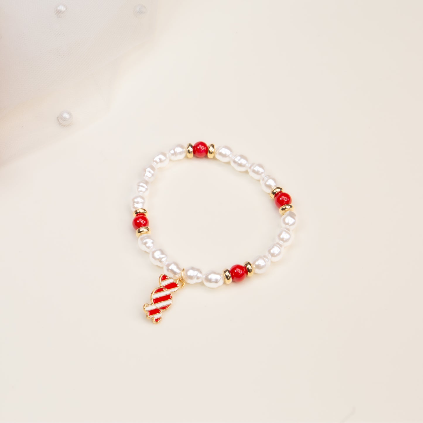 Brățară elastică cu motive de Crăciun Candyland - Roșu, Alb