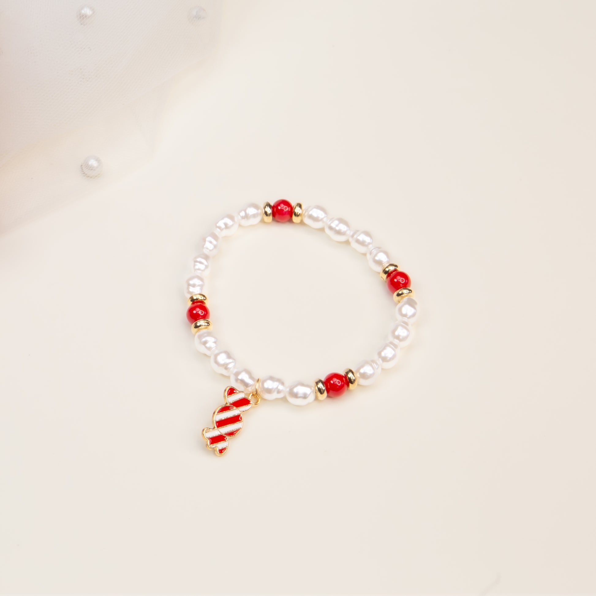 Brățară elastică cu motive de Crăciun Candyland - Roșu, Alb