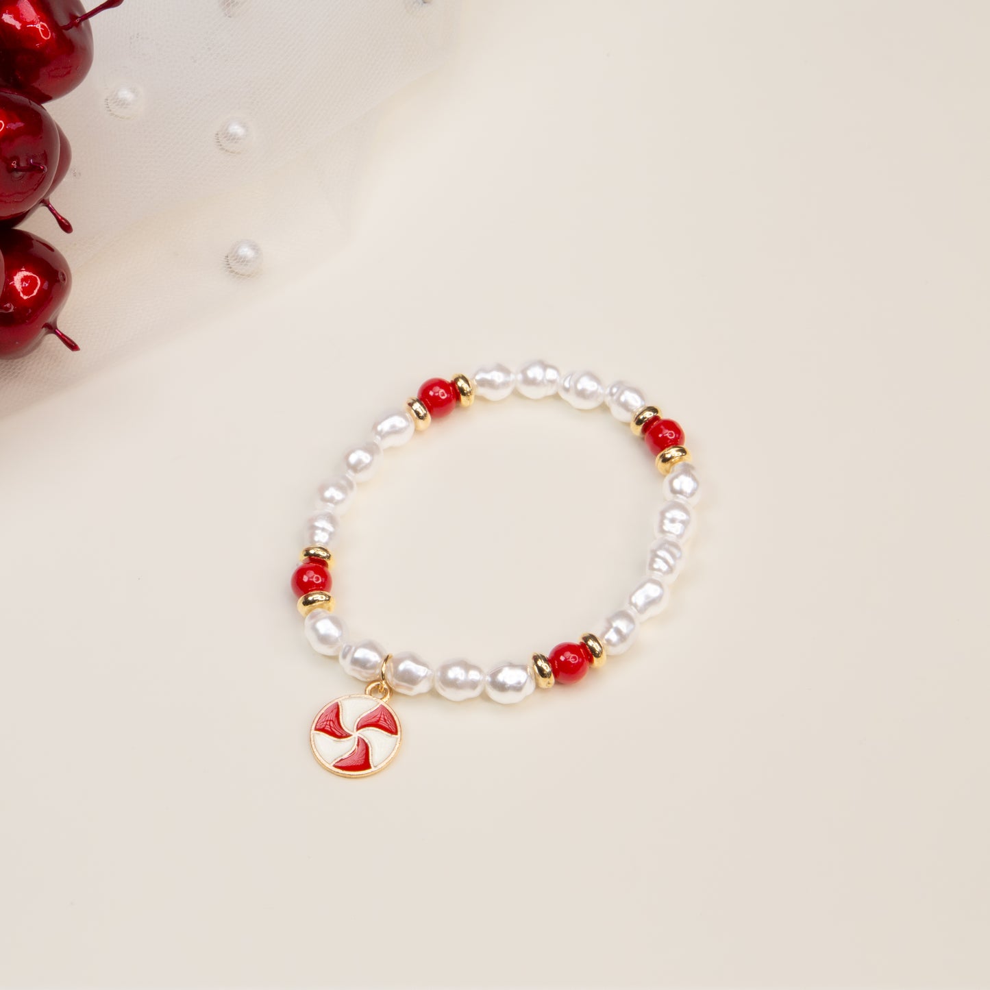 Brățară elastică cu motive de Crăciun Sugar Joy - Roșu, Alb