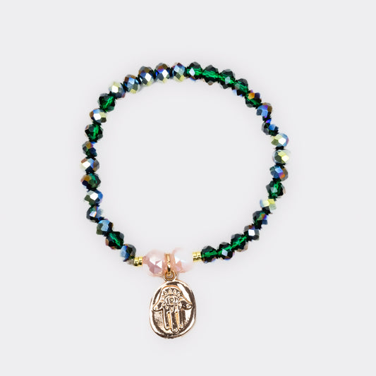 Brățară elastică cu pietre și charm hamsa - Verde