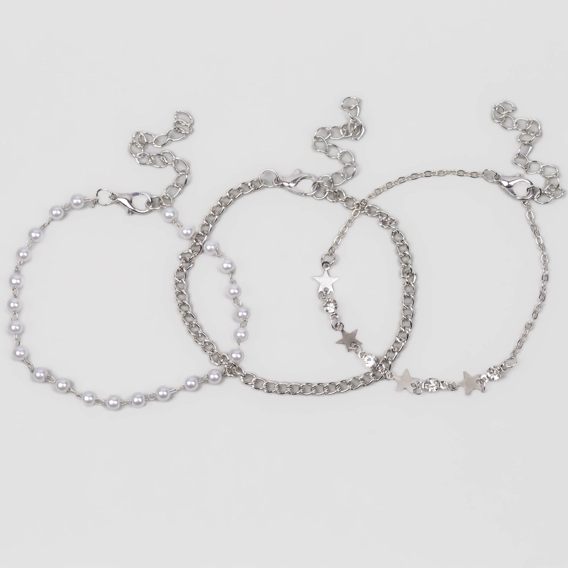 Brățări reglabile cu lanț, biluțe și stele, set 3 buc - Argintiu