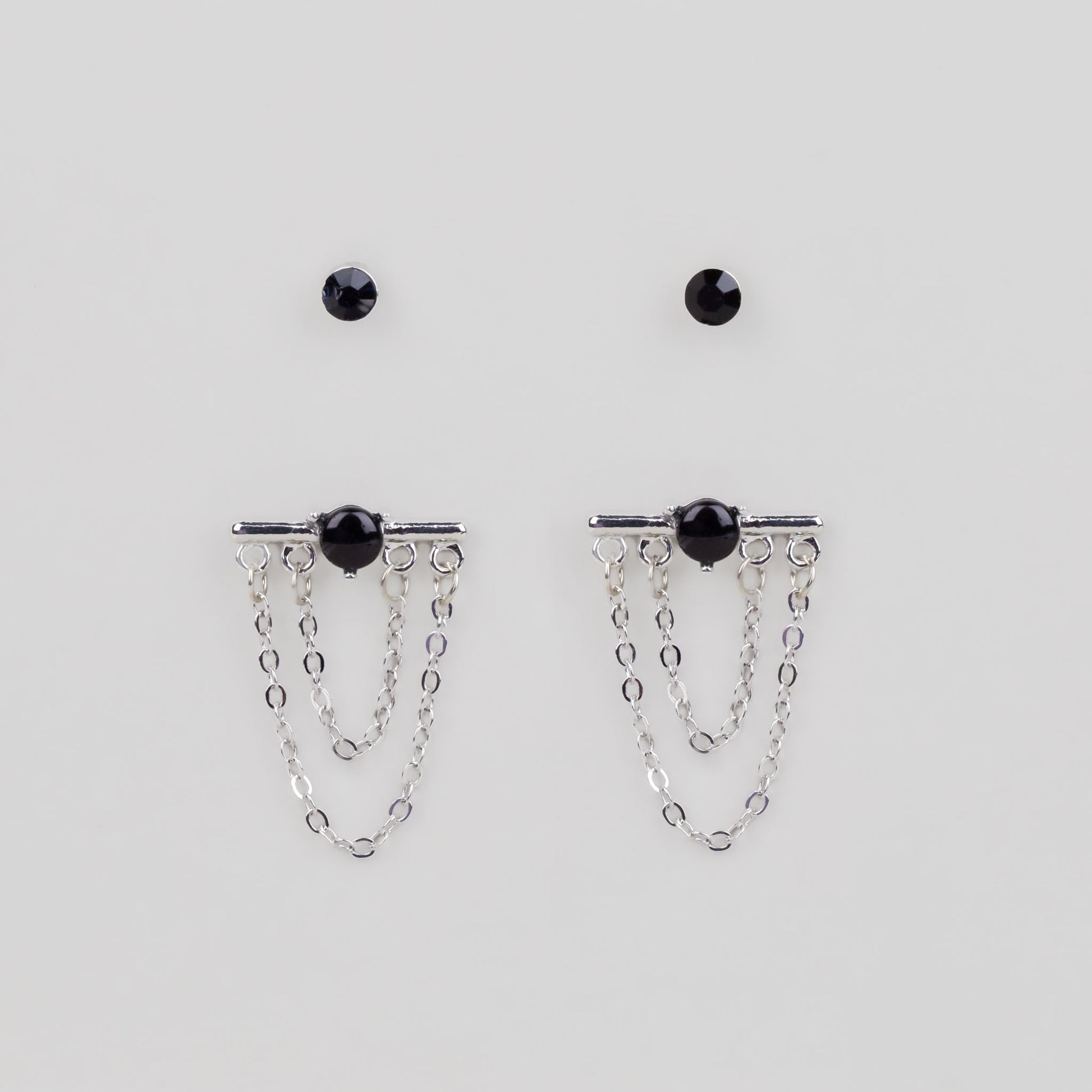 Cercei argintii cu lănțișor, piatră și accent color, set 2 perechi - Negru
