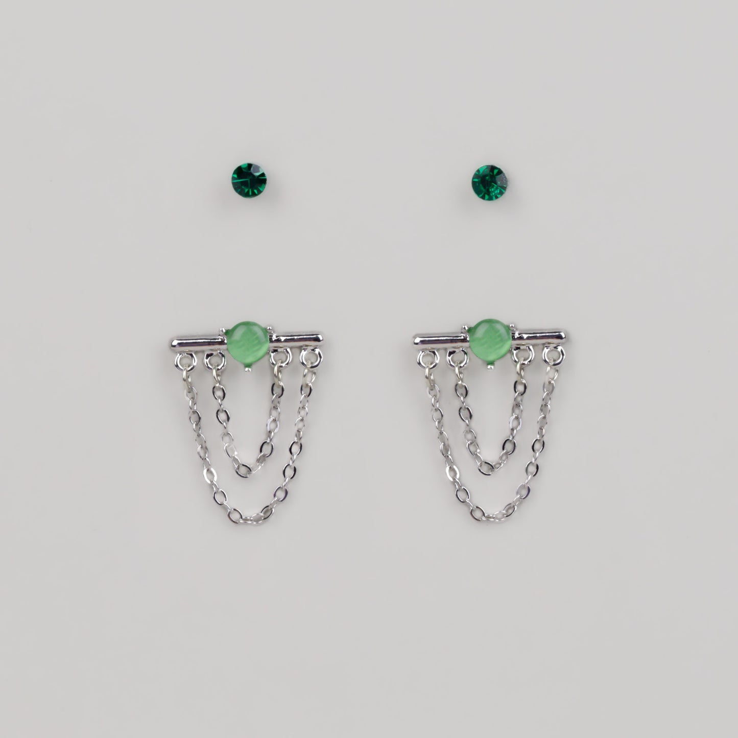 Cercei argintii cu lănțișor, piatră și accent color, set 2 perechi - Verde