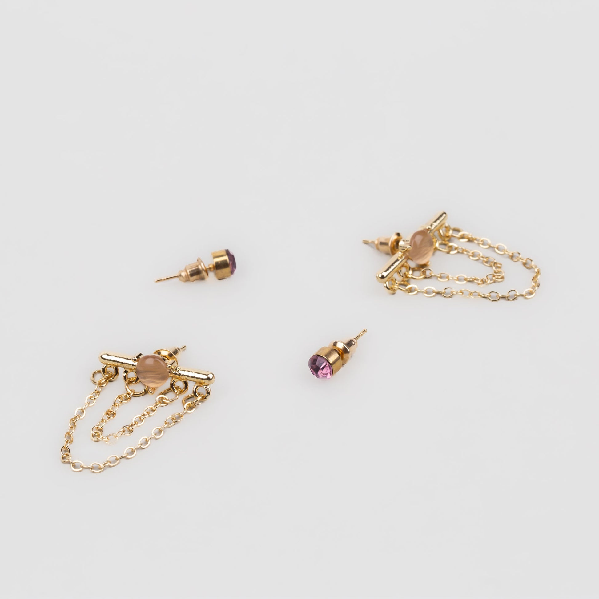 Cercei aurii cu lănțișor, piatră și accent color, set 2 perechi - Roz