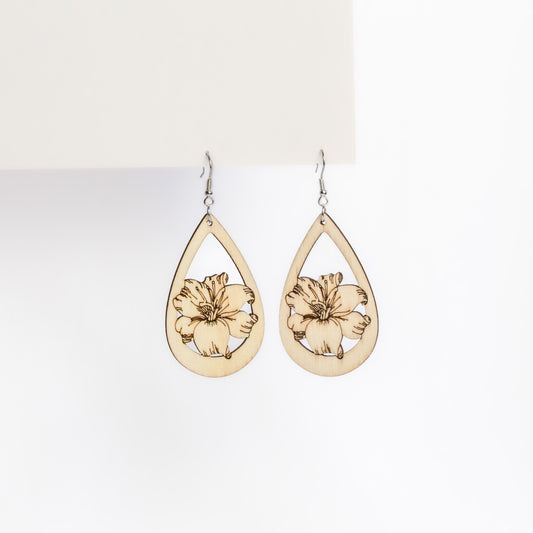 Cercei floral drop ușori din lemn - Bej