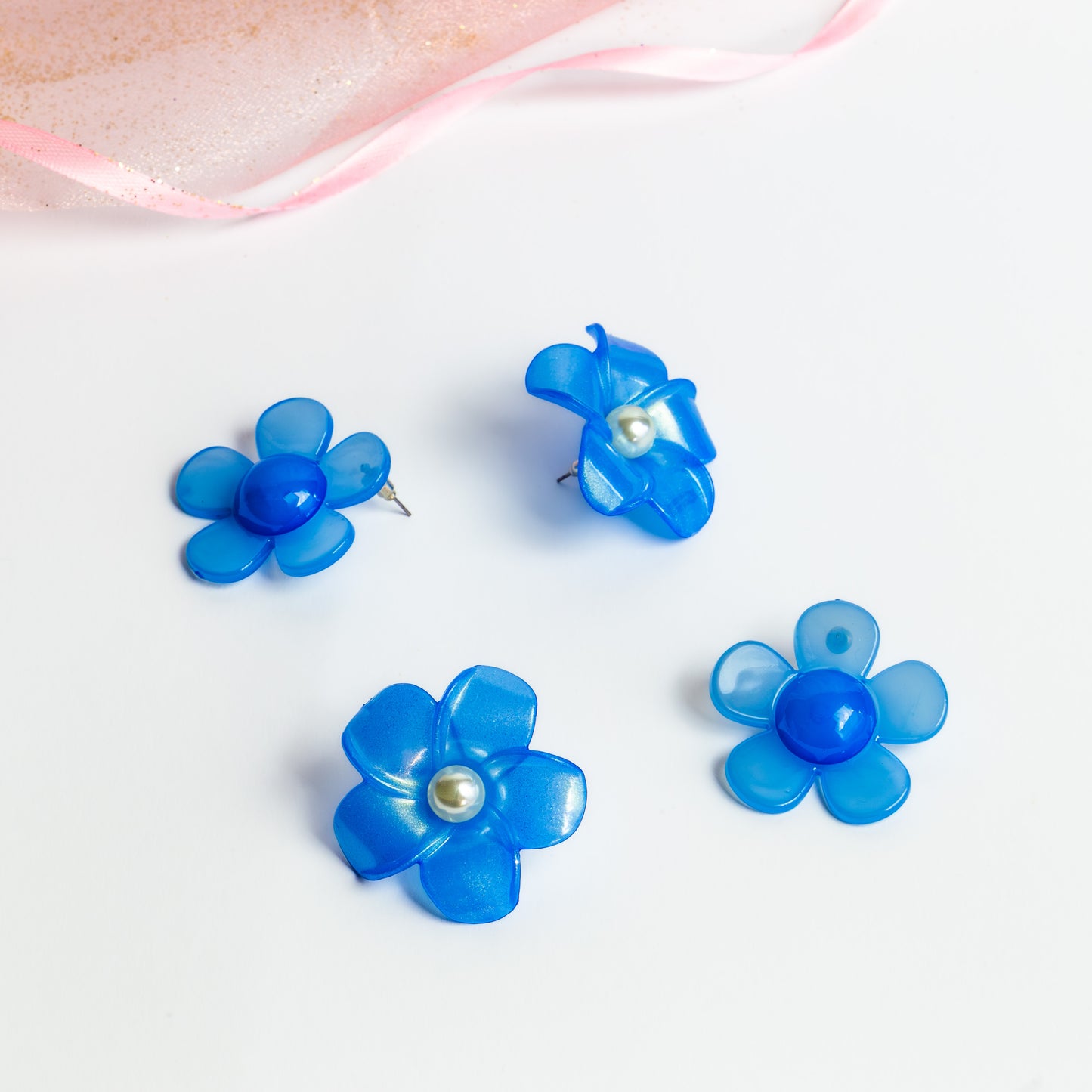 Cercei flori bonbon cu perle, set 2 - Albastru