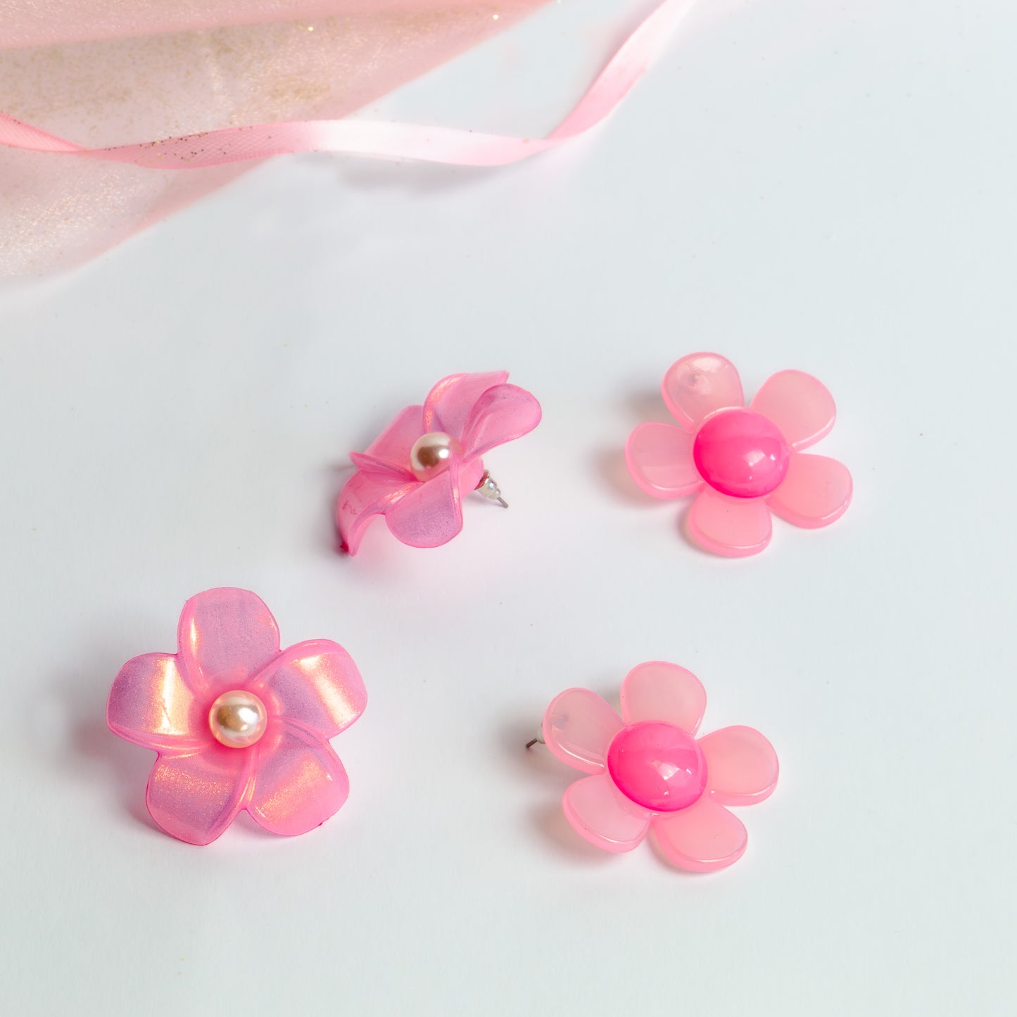 Cercei flori bonbon cu perle, set 2 - Roz