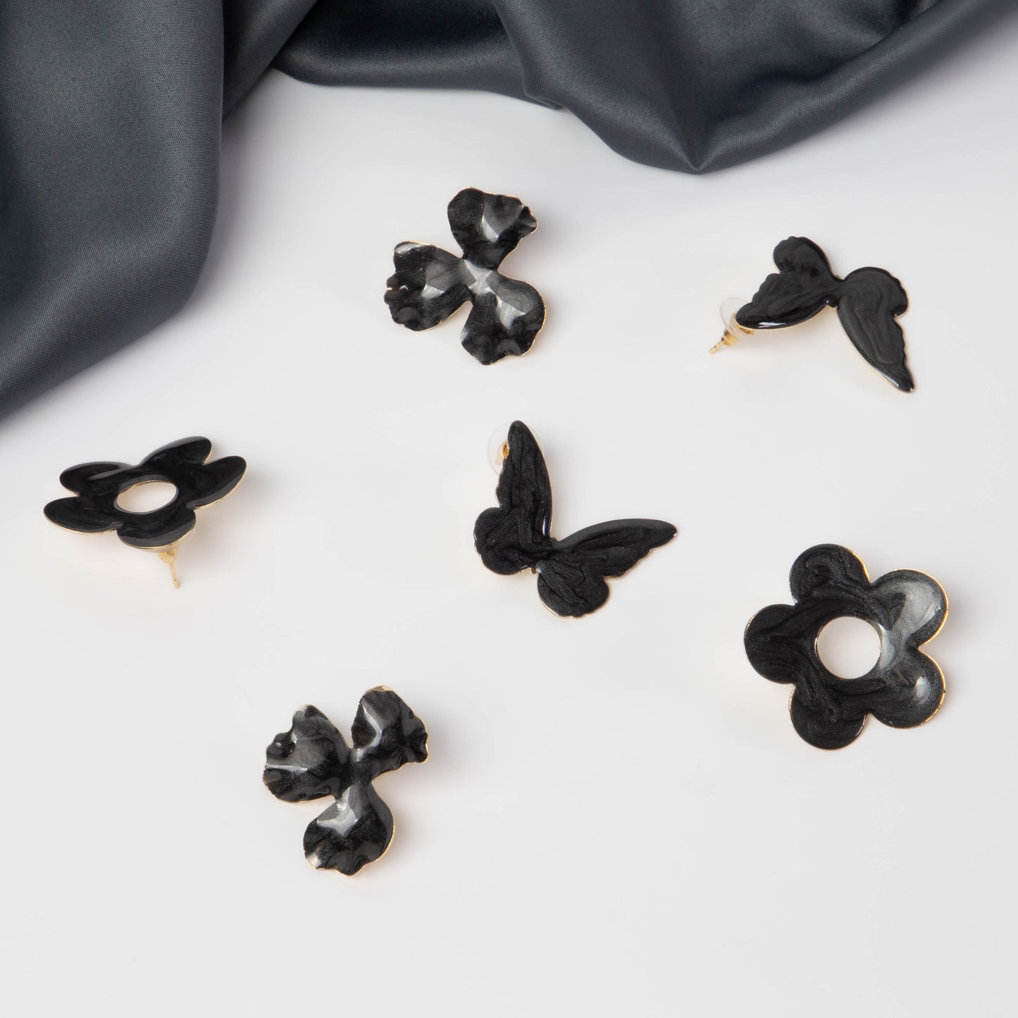 Cercei glossy flori și fluturi, set 3 - Negru