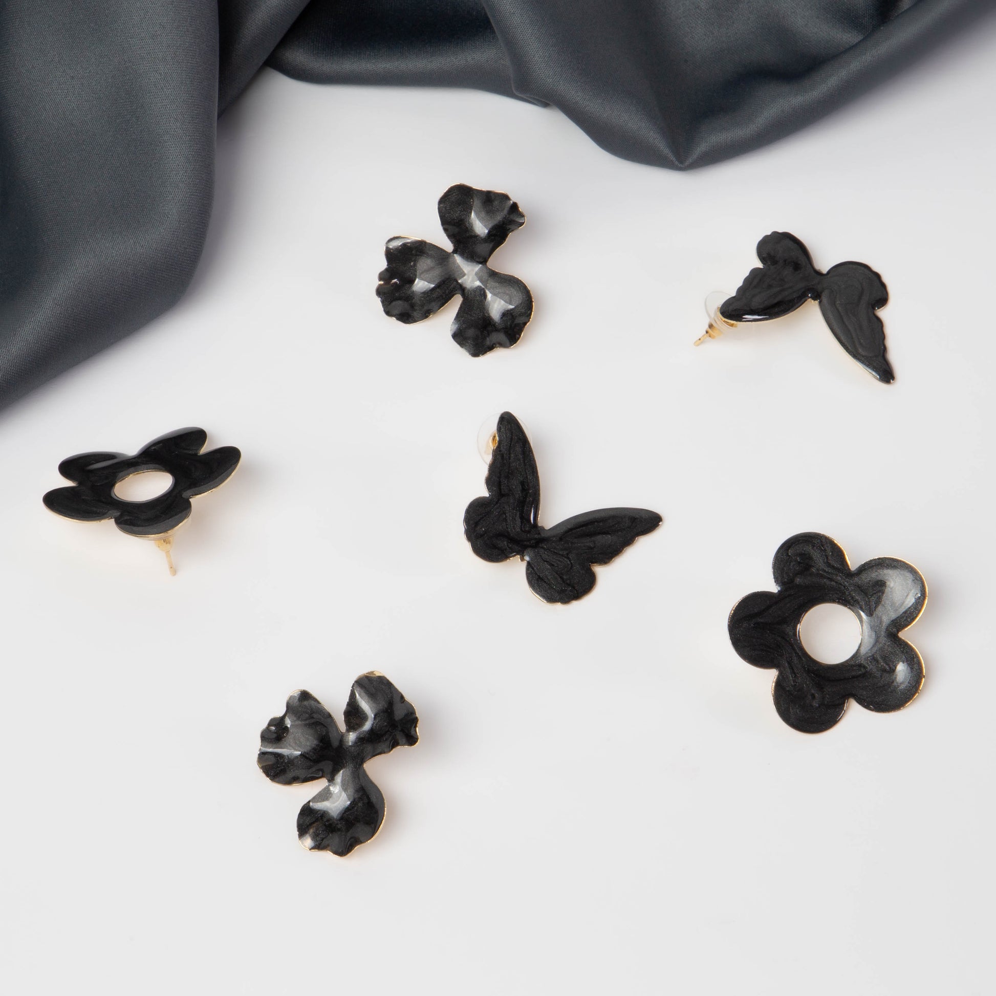 Cercei glossy flori și fluturi, set 3 - Negru