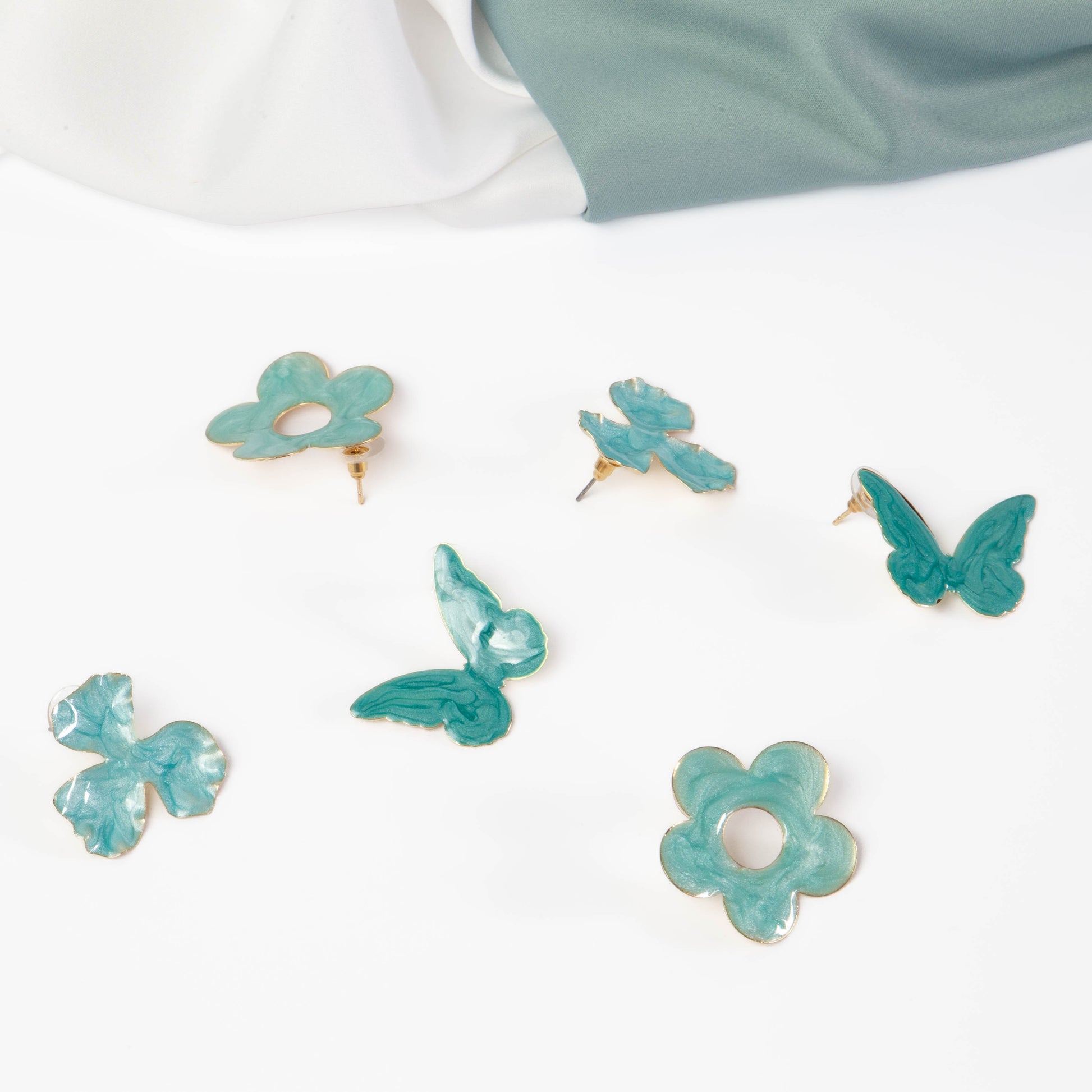 Cercei glossy flori și fluturi, set 3 - Turcoaz