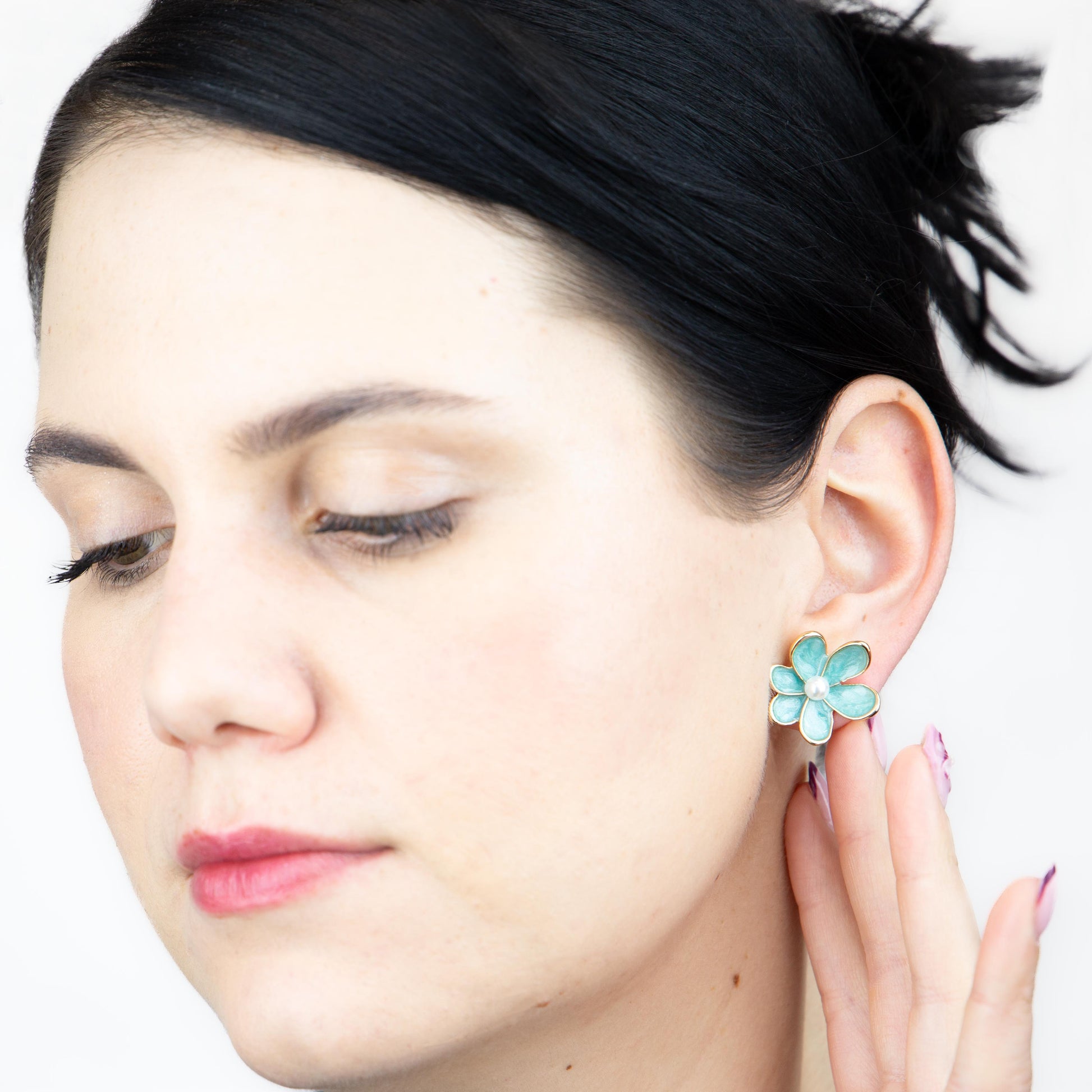 Cercei glossy flori suave cu perle, set 3 - Verde Mix