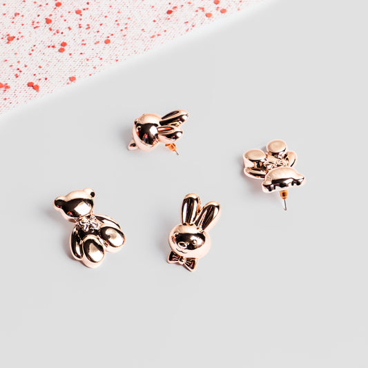 Cercei în formă ursuleț și iepuraș, set 2 - Rose Gold