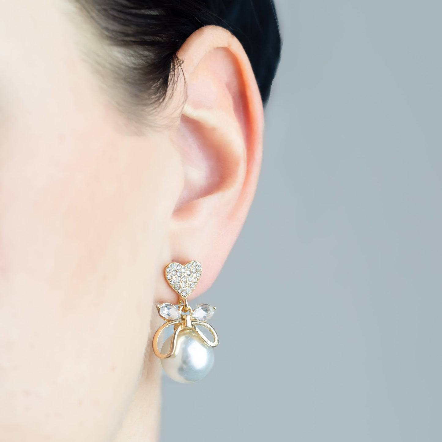 Cercei lovely princess cu inimă, fundiță și pietre - Auriu