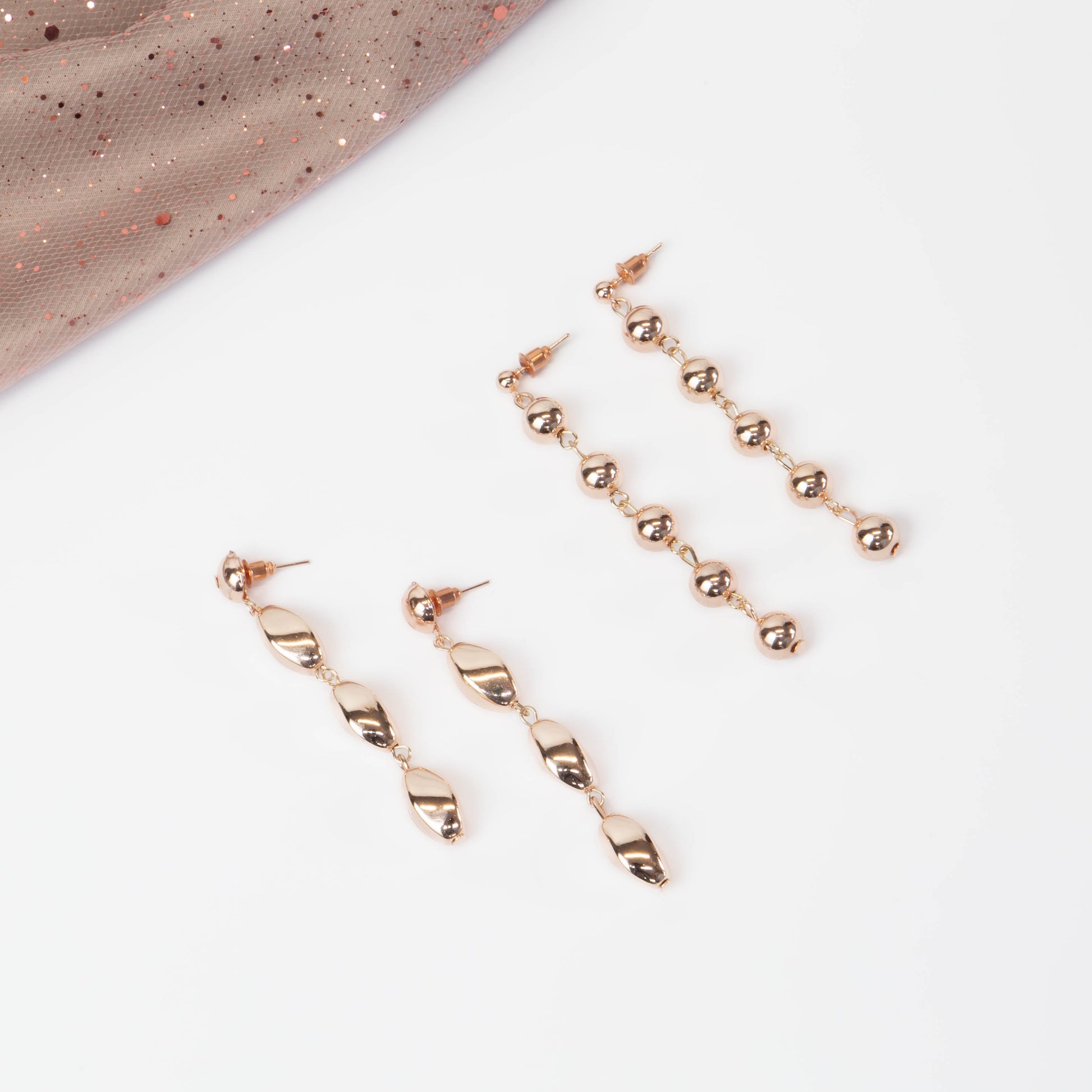Cercei lungi cu biluțe și secțiuni geometrice, set 2 - Rose Gold