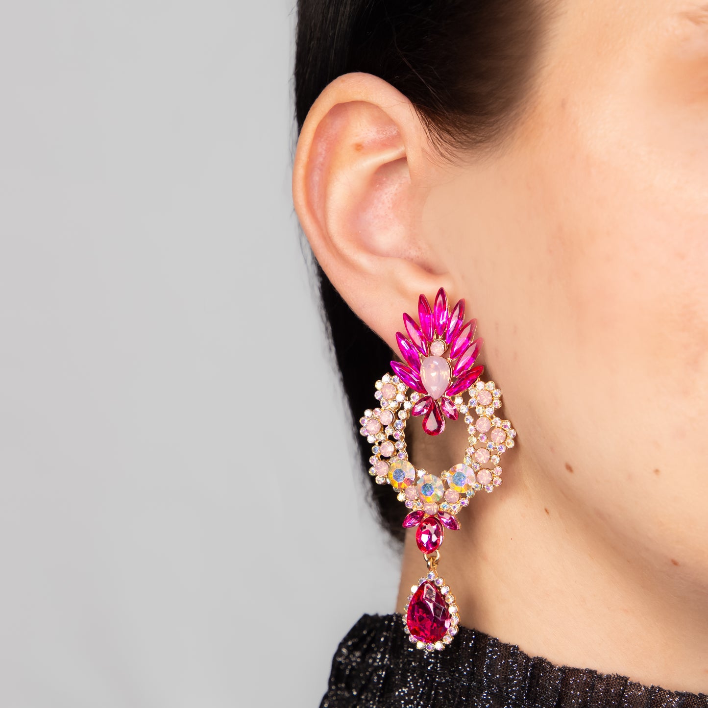 Cercei mari eleganți cu pietre deosebite, Păun Imperial - Magenta