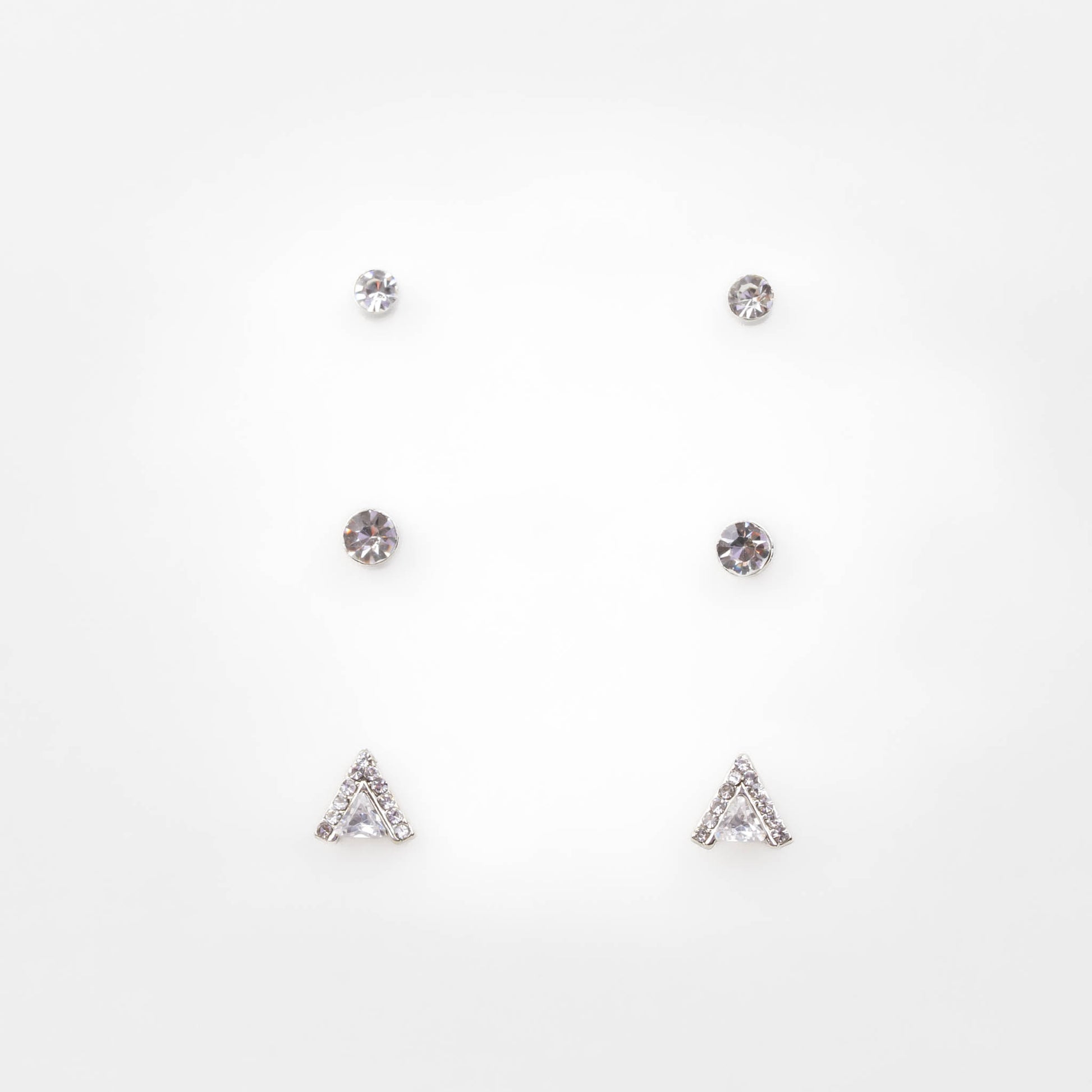Cercei mici argintii cu triunghi și pietre strălucitoare, set 3 buc