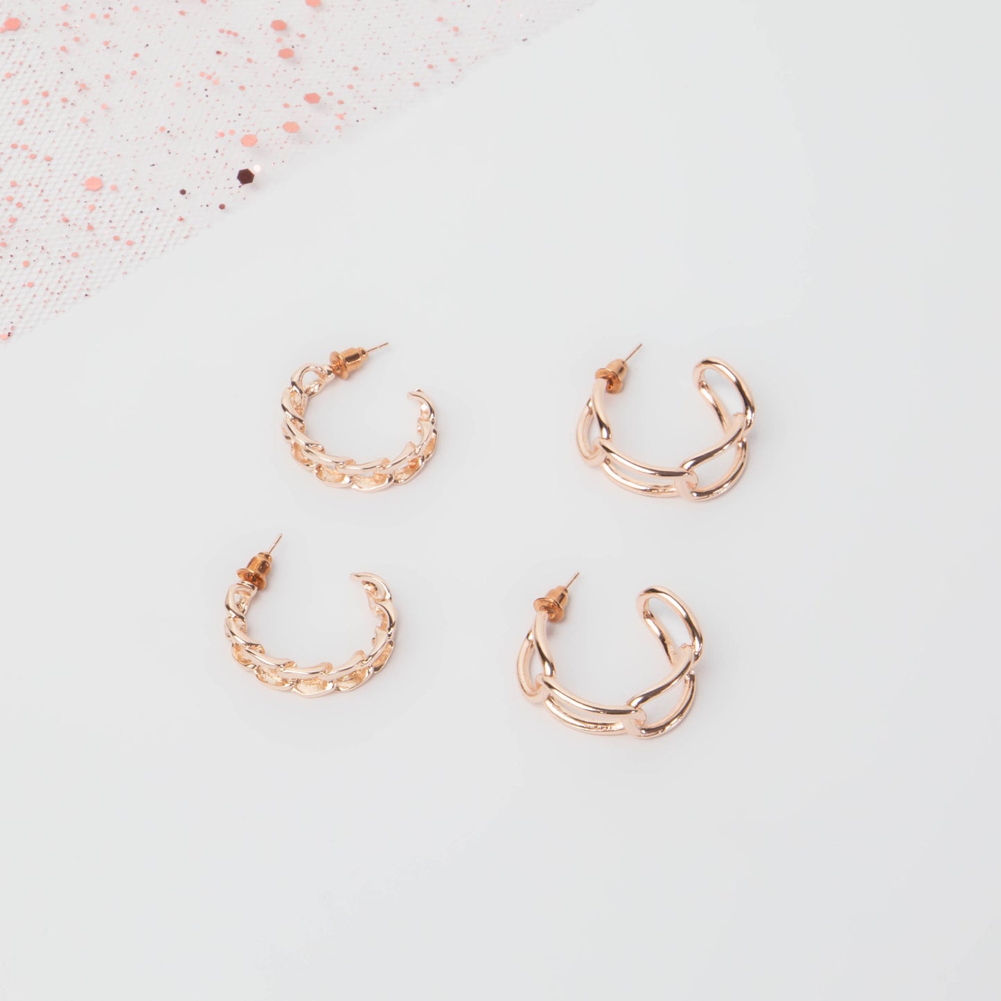 Cercei rotunzi chain elegance, set 2 - Rose Gold