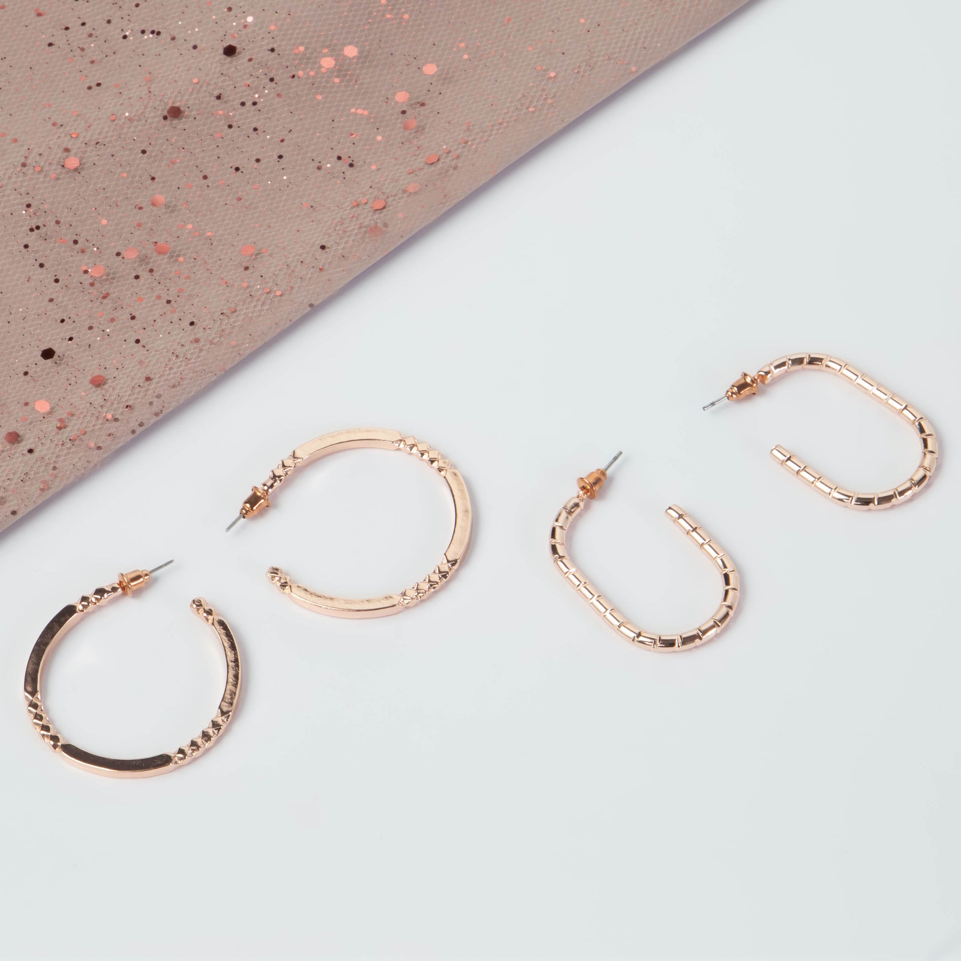 Cercei rotunzi și ovali încrestați, set 2 - Rose Gold