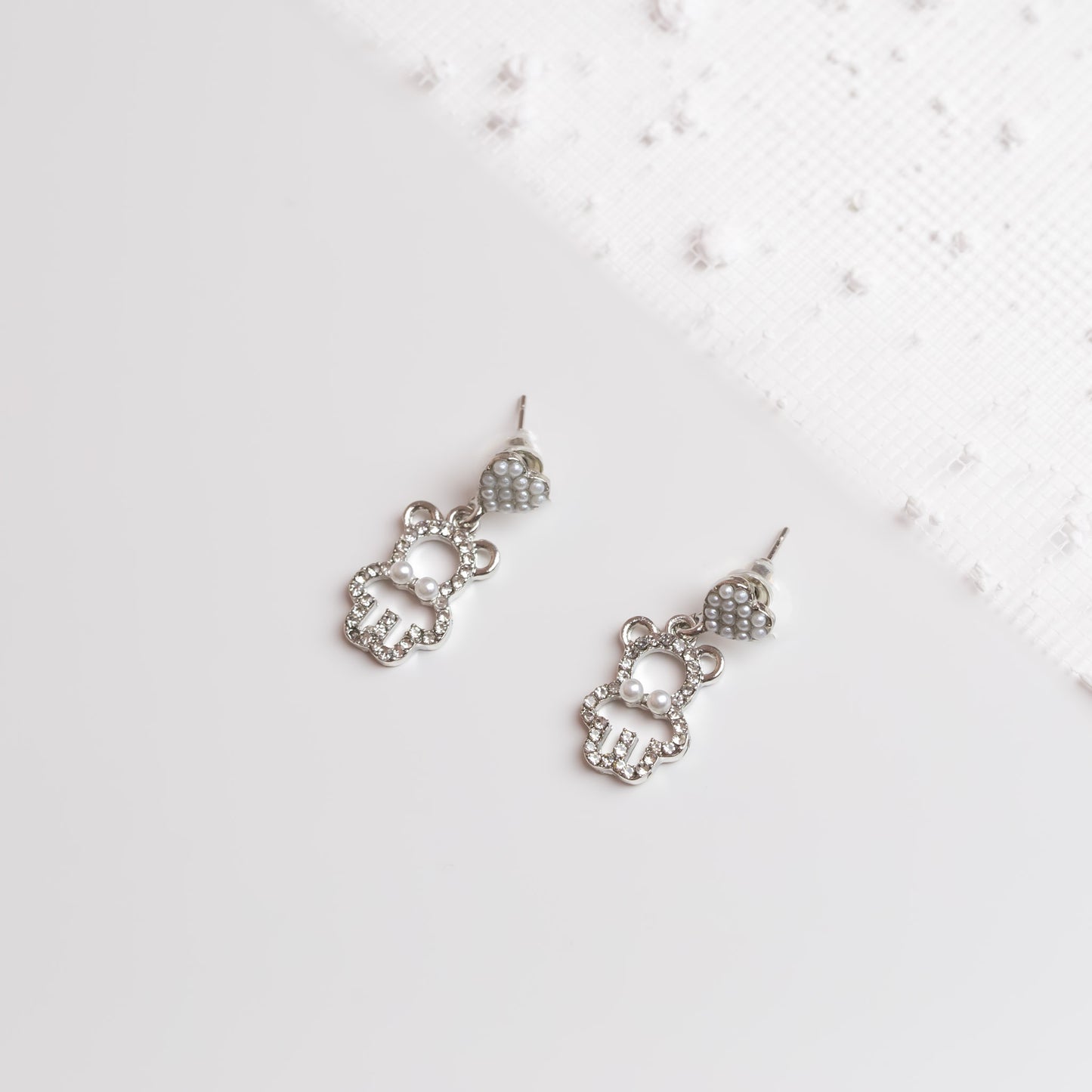 Cercei ursuleț cu biluțe și ștrasuri - Argintiu